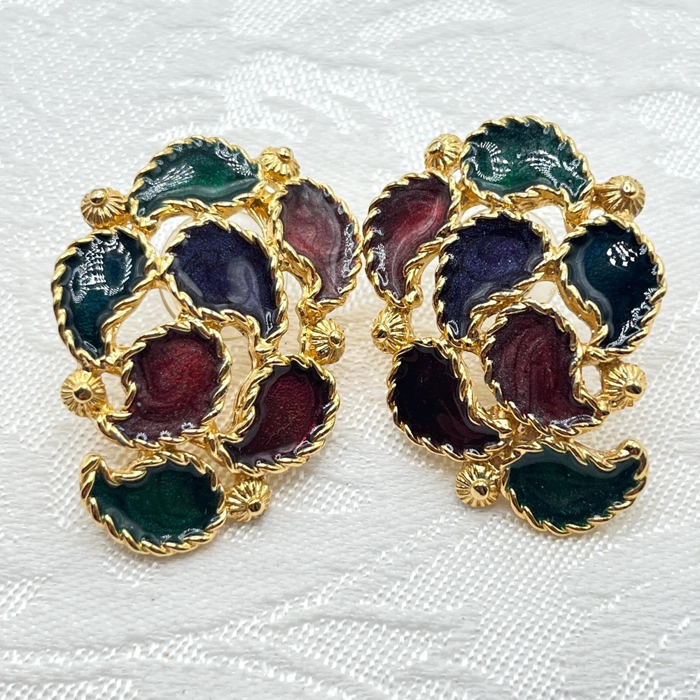 Vintage 90s Gold Tone Multicolor Enamel Teardrop Pierced Statement Earrings